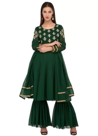 Green Georgette Embroidered and Patch Border Work Sharara Set