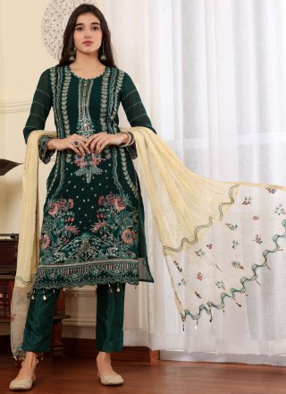 Green Georgette Embroidered and Stone Work Salwar Suit for Ceremonial
