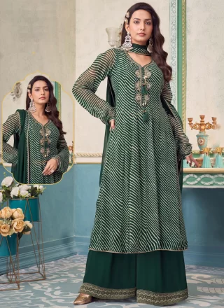 Green Georgette Embroidered and Strips Print Work Readymade Salwar Suit