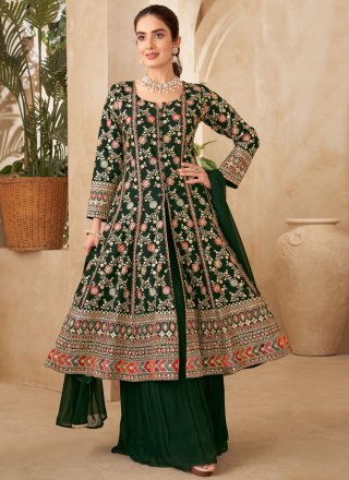 Green Georgette Embroidered and Thread Work Trendy Suit