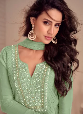 Green Georgette Embroidered, Moti, Stone and Thread Work Salwar Suit