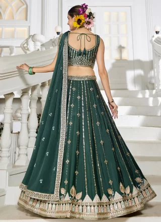Green Georgette Embroidered, Sequins and Zari Work A - Line Lehenga Choli