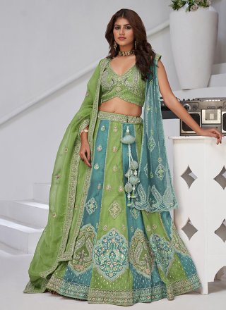 Green Georgette Embroidered Work A - Line Lehenga Choli