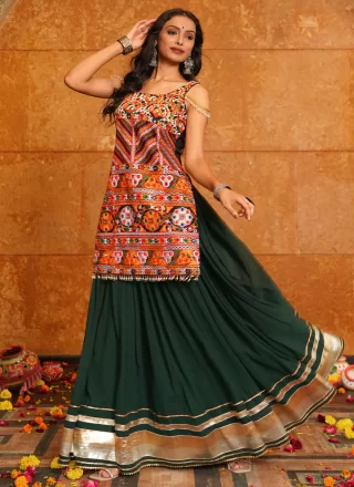 Green Georgette Embroidered Work A - Line Lehenga Choli for Festival