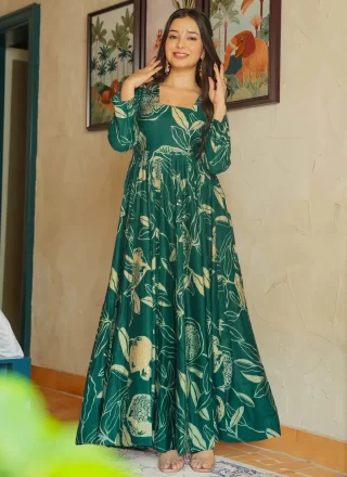 Green Georgette Gown with Digital Print Work