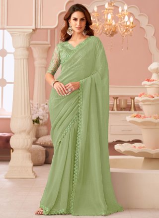 Green Georgette Patch Border and Embroidered Work Contemporary Saree for Women