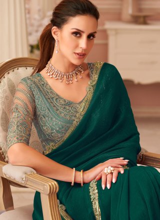 Green Georgette Patch Border and Lace Work Traditional Saree