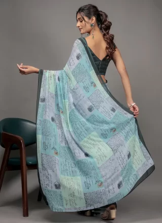 Green Georgette Print Work Contemporary Saree for Casual