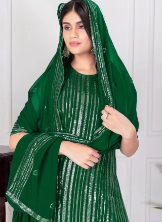 Green Georgette Salwar Suit with Sequins and Thread Work for Ceremonial