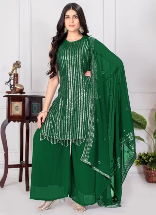 Green Georgette Salwar Suit with Sequins and Thread Work for Ceremonial