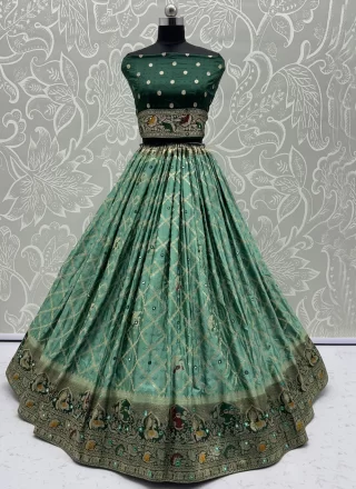 Green Georgette Satin Lehenga Choli with Fancy, Jacquard, Mirror and Zari Work