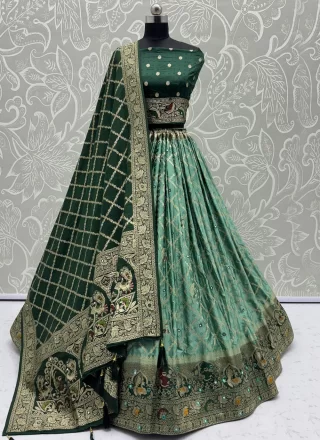 Green Georgette Satin Lehenga Choli with Fancy, Jacquard, Mirror and Zari Work