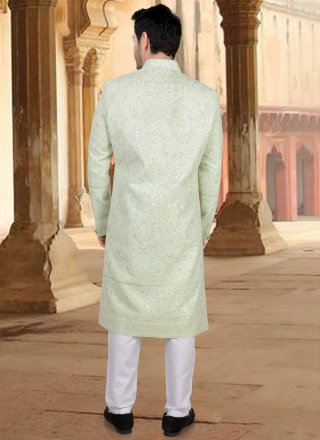 Green Georgette Sherwani Mens Wear with Broches, Embroidered, Sequins and Zari Work