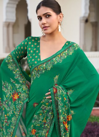 Green Georgette Traditional Saree with Print Work