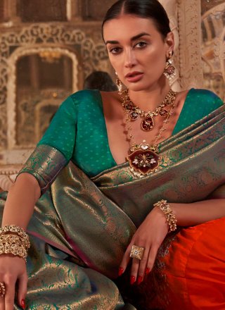 Green Handloom Silk Contemporary Sari with Weaving and Zari Work
