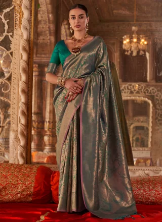 Green Handloom Silk Contemporary Sari with Weaving and Zari Work