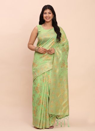 Green Jacquard and Weaving Work Cotton Contemporary Saree