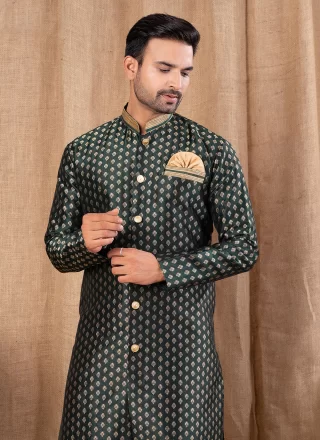 Green Jacquard Buttons Work Indo Western for Ceremonial