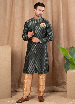 Green Jacquard Buttons Work Indo Western for Ceremonial