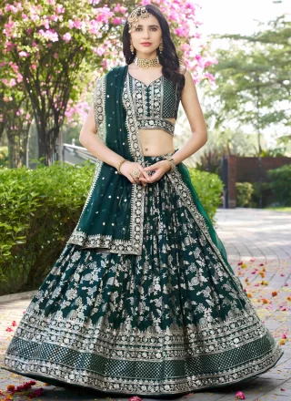 Green Jacquard Embroidered, Jacquard, Sequins and Zari Work A - Line Lehenga Choli