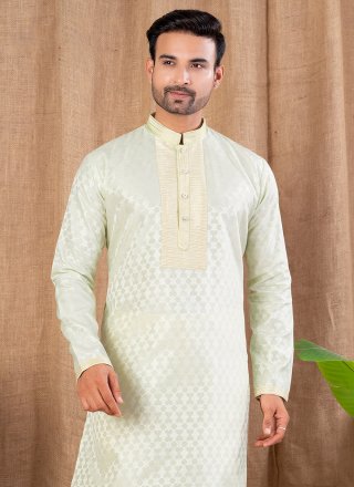 Green Jacquard Kurta Pyjama with Buttons Work for Ceremonial