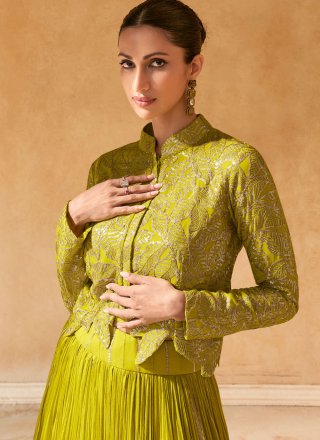 Green Jacquard Readymade Lehenga Choli with Fancy Work