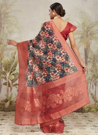 Green Jacquard Silk Contemporary Saree with Digital Print Work