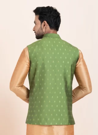 Green Jacquard Work Cotton Nehru Jackets
