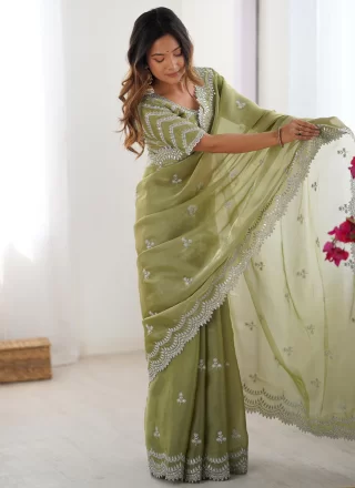 Green JIMMY CHU Sequins and Thread Work Contemporary Saree for Ceremonial
