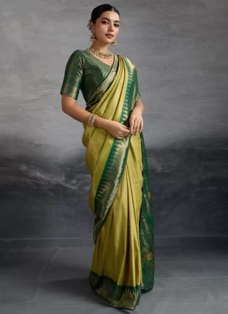 Green Kanjivaram Silk Classic Saree with Meenakari, Weaving and Zari Work for Ceremonial