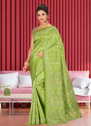 Green Kanjivaram Silk Contemporary Saree with Hand Work for Ceremonial
