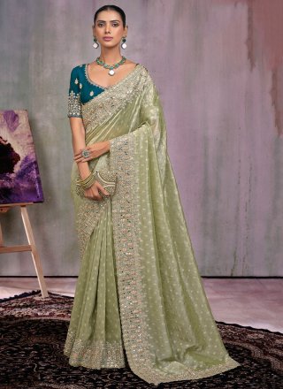 Green Kanjivaram Silk Contemporary Sari with Booti, Embroidered, Mirror, Moti, Zari and Zircon Work for Ceremonial
