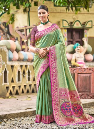 Green Kanjivaram Silk Contemporary Sari with Weaving Work for Ceremonial