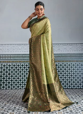 Green Kanjivaram Silk Traditional Saree with Jaal, Meenakari, Woven and Zari Work for Ceremonial