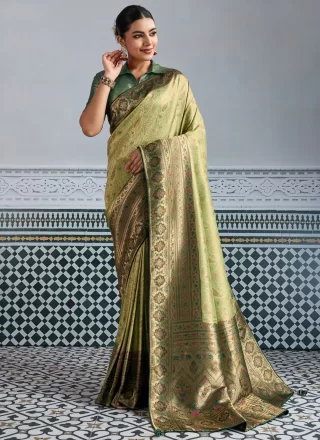 Green Kanjivaram Silk Traditional Saree with Jaal, Meenakari, Woven and Zari Work for Ceremonial