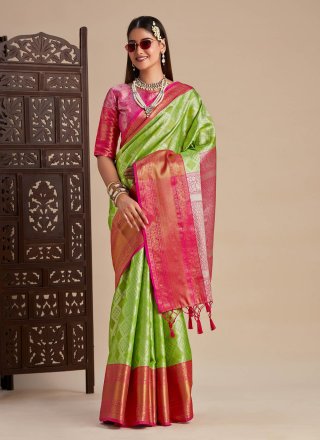 Green Kanjivaram Silk Zari Work Contemporary Saree