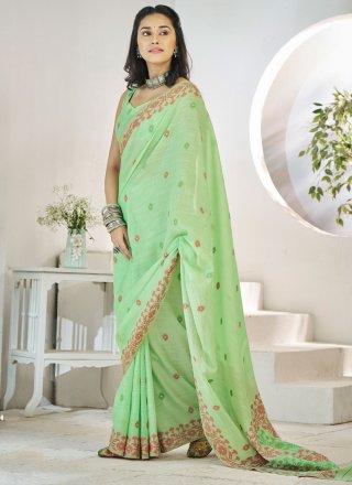 Green Linen Aari and Weaving Work Designer Sari for Ceremonial