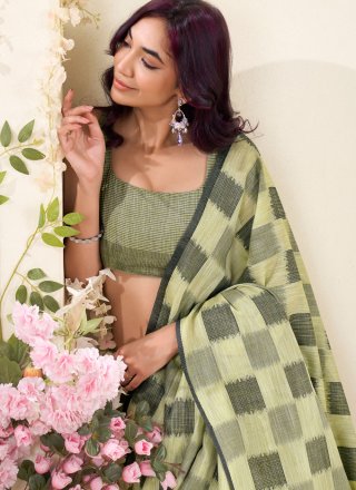 Green Linen Checks and Print Work Trendy Saree