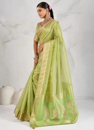 Green Linen Contemporary Saree with Pearls, Thread, Woven and Zardosi Work