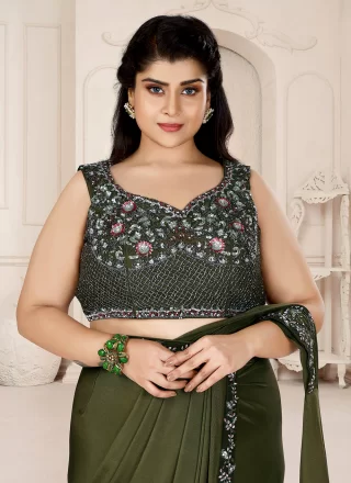 Green Lycra Embroidered Work Trendy Saree for Ceremonial