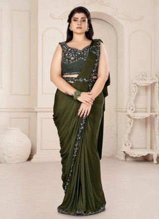 Green Lycra Embroidered Work Trendy Saree for Ceremonial