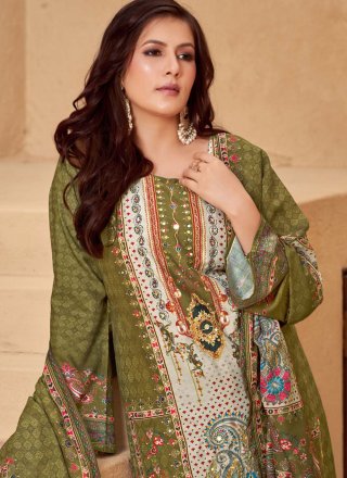 Green Muslin Aari, Digital Print, Hand and Mirror Work Salwar Suit