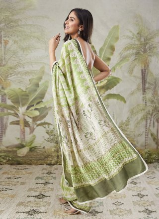 Green Muslin Contemporary Saree