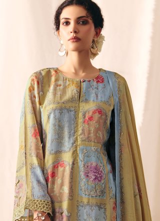 Green Muslin Digital Print, Embroidered and Resham Work Pant Style Suit
