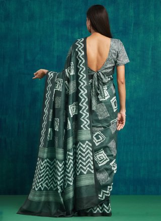 Green Muslin Digital Print Work Contemporary Sari for Ceremonial