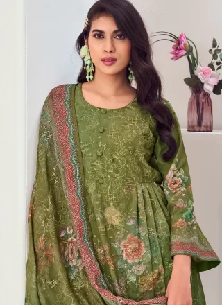 Green Muslin Salwar Suit with Digital Print and Embroidered Work