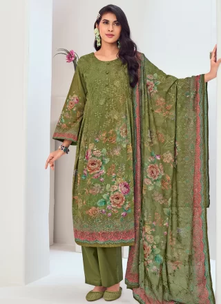 Green Muslin Salwar Suit with Digital Print and Embroidered Work