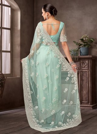 Green Net Classic Sari with Patch Border, Booti and Hand Work