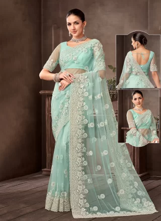 Green Net Classic Sari with Patch Border, Booti and Hand Work