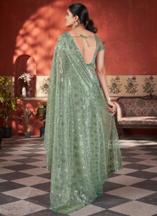 Green Net Cut, Embroidered, Sequins and Thread Work Traditional Saree